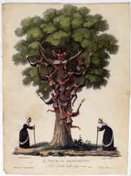 Esitys Benevent-pähkinäpuusta, noidista ja legendan demoneista, jotka inspiroivat itävaltalaisen säveltäjän Franz Xaver Sussmayrin (1766-1803) baletti "Il noce di Benevento". Kuva 1800-luvulta