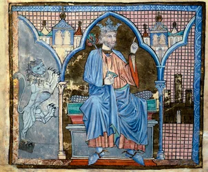 Kastilian kuninkaan Ferdinand III:n tai Pyhän Ferdinandin (1199-1252) esitys Pienoiskuva käsikirjoituksesta "Kuninkaallisten etuoikeuksien hakemisto" fol. 66 v. 1200-luvun Santiago de Compostela (Santiago de Compostela) (Santiago de Compostela), arkisto