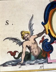 Sireenin aileen esitys. Yksityiskohta ”” Atlas novuksesta”” vuodelta 1642