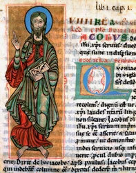 Esitys apostoli Pyhästä Jaakobista Suuresta Miniatyyristä otettu "Codex Calixtinuksesta" (Pyhän Jaakobin kirja), noin 1140. Fol. 4. Santiago de Compostelan katedraalin arkisto (Santiago de Compostela), Espanja
