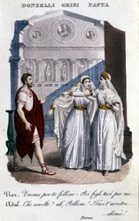 Vincenzo Bellinin (1801 - 1835) "" La Norman """ ensimmäisen esityksen tulkkien esitys: vasemmalta oikealle Domenico Donzelli (Pollione), Giuditta Grisi (Adalgisa) ja Giuditta Pasta (Norma). 1833.