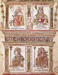 Kuninkaiden sivun esitys: kuningas Daavid, kuningas Salomo, kuningas Turno ja kuningas Lubba (kuninkaiden sivu) 1496) runoilija ja humanisti