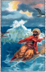 Pelastus laudalla. Merimies Sinbad (Sindbad) upeat seikkailut. Suosittu tarina 1001 yöstä (tuhat ja yksi yö). 1800-luvun lopun kromolitografia.