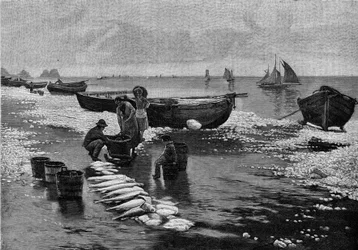 Bretagnen Belle Islessä (Belle-Isle) lakossa olevien kalastajien paluu. Kaiverrus "" Le Journal de la jeunesse ""
