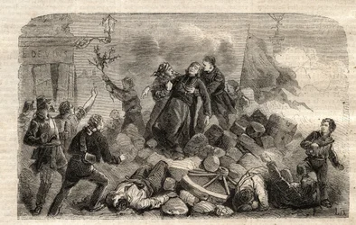 Vallankumous 1848: "" Arkkitehtuuri Monsignor Denis Affre (1793-1848) Barrikadilla Faubourg Saint Antoine Pariisissa 26.6.1848 (Do o mon dieu que mon sang be le dernier verse) (Pariisin arkkipiispan Denis Affren kuolema barrikadi t:n sisäänkäynnillä