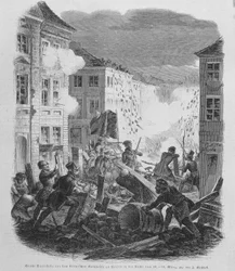 Maaliskuun 1848 vallankumous: barrikadi Berliinissä 19.3.1848. Preussin Frederic Vilhelm IV saatetaan hyväksymään yhdistyminen ja liberaali hallitus.