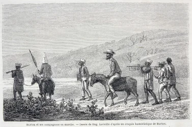 Richard Francis Burton, brittiläinen tutkimusmatkailija (1821-1890) ja hänen toverinsa Afrikassa. Piirros, joka havainnollistaa artikkelia "" Kapteeni Burtonin matka Afrikan suurille järville 1857-59" - "" Tour du Monde -julkaisussa", 2. lukukausi. 1860