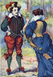 Riquet a la Houppesta tulee komea herrasmies. Nimetön kuvitus sanalle "" Riquet a la houppe"", ranskalaisen kirjailijan Charles Perraultin (1628-1703) tarina. Kuva Marcel Vagne, Jarville Nancy, päivätty (1800-luvun loppu).