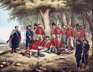 Risorgimento: "Italialainen patriootti Giuseppe Garibaldi (1807-1882) haavoittuu Aspromontessa, sotilaat kuljettavat 29.8.1862" (maalaus)