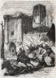 Rodomont rikkoo Pariisin palatsin ovet - kaiverrus vuodelta 1851 Ludovico Arioston kirjasta "" Roland furieux"" (Orlando furioso) (1500-luku), joka tunnetaan nimellä Arioste - Tressanin kreivin italiasta kääntämä painos ja kustantaja Gustave Harv