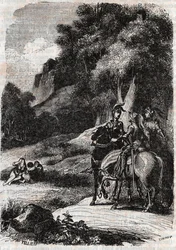 Roger (Ruggero, Ruggiero), Marphise (Marfisa) ja kolme naista - kaiverrus vuodelta 1851 Ludovico Arioston kirjasta "" Roland furieux"" (1500-luku), nimeltään Ariosto - Tressanin kreivin italiasta kääntämä painos ja julkaisija