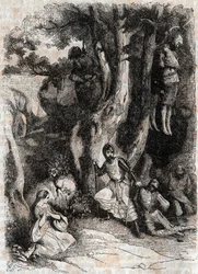 Roland ja ja luolan seitsemän rikaa - kaiverrus vuodelta 1851 Ludovico Ariostosta "" Furious Roland"" (Orlando furioso) (1500-luku), joka tunnetaan nimellä Ariosta - Tressanin kreivin italiasta kääntämä painos ja kustantaja Gustave Harvard