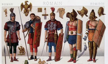 Roomalaiset gladiaattoriasut ja soturit. 1800-luvun kromolitografia.