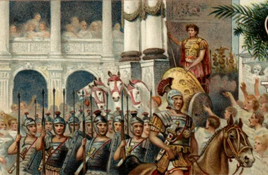 Rooman poliittinen järjestelmä. Keisari: paraati Rooman keisari Augustuksen (Octavianus tai Octavianus) Actiumissa, Pannoniassa ja Egyptissä saavuttamien voittojen kunniaksi. Kromolitografia 1800-luvun lopulta.