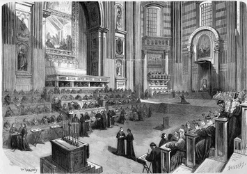 Rooma 1869, vuoden 1869 ekumeenisen neuvoston ensimmäinen kokous, joka pidettiin 9. joulukuuta Pyhän Pietarin kirkon poikkiristeyksen oikealla puolella.