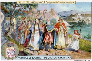 Pyöreän pöydän kierto (2): Kuningas Arthurin ja Juniperin morsiuskulkue, Liebig Chromolithography, sd. 1800-luvulla