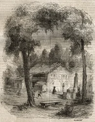 Rousseau a Motiers (Neuchatelin kantoni) - Kuvitus Jean-Jacques (Jean Jacques) Rousseaun (1712-1778) ""tunnustuksille" - kaiverrus vuodelta 1849