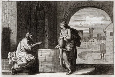 Royaumont Raamattu, Uusi testamentti: Kristus ja samarialainen kaivolla. Jeesus Kristus käännyttää samarialaisen naisen. Kuvitus vuodelta 1811.