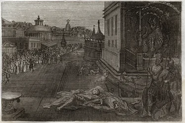 Royaumont Bible, Uusi testamentti: Kahden profeetan kuolema. Pyhän Johanneksen näky kahdesta kuolleesta profeetasta, jotka sitten nousivat kuolleista. Ilmestyskirjan seitsemäs trumpetti. Kuvitus vuodelta 1811.