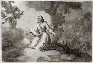 Royaumont Bible, Uusi testamentti: Jeesus Kristus puutarhassa (rukous Öljymäellä). Enkeli, jolla on malja, ilmestyy Jeesukselle. Pyhän Pietarin, Pyhän Johanneksen ja Pyhän Jaakobin apotterit nukkuvat. Kuvitus vuodelta 1811.