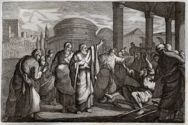 Royaumont Bible, Uusi testamentti: Lame gueri. Pyhä Paavali soturi ontuvan ja pidättää kansan, joka halusi uhrata hänelle kuin jumalalle. Kuvitus vuodelta 1811.