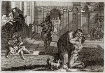 Royaumont Bible, Uusi testamentti: Vertaus tuhlaajalapsesta. Poika palaa kotiin lähdön jälkeen ja menetti kaiken omaisuutensa. Hän tulee pyytämään isältään anteeksi. Kuvitus vuodelta 1811.