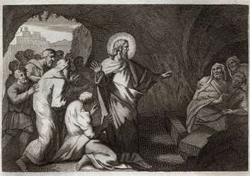 Royaumont Bible, Uusi testamentti: Lasaruksen ylösnousemus Jeesuksen Kristuksen toimesta. Kuvitus vuodelta 1811.