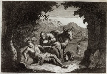 Royaumont Raamattu, Uusi testamentti: Vertaus laupiaasta samarialaisesta. Samarialainen pysähtyi matkallaan pelastamaan hädässä olevaa miestä. Kuvitus vuodelta 1811.