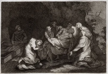 Royaumont Raamattu, Uusi testamentti: Hauta. Jeesuksen Kristuksen hauta. Jeesuksen Kristuksen ruumista ympäröivien henkilöiden joukossa: Neitsyt Maria, Pyhä Nikodema, Pyhä Joosef Arimatialainen, Pyhä Johannes Evankelista ja Pyhä Maria Magdaleena. Kuva 18