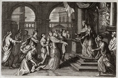 Royaumontin Raamattu, Vanha testamentti: Ester esittelee itsensä kuningas Xerxes I:n (Assuerus I) eteen tarkoituksenaan pelastaa kansansa häntä uhkaavalta kuolemalta. Kuvitus vuodelta 1811.