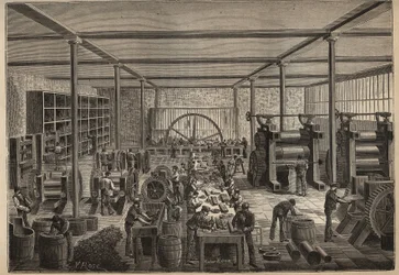 Kumi: kumitehdas. Kaiverrus vuodelta 1885 kirjassa "Les arts et metiers illustres", kirjoittanut Adolphe BITARD.