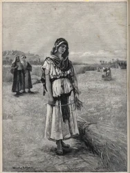 Ruth työskentelee Boazin (Booz) alalla (Ruth ja Boaz) - kaiverrus Druch-hajosin maalauksesta