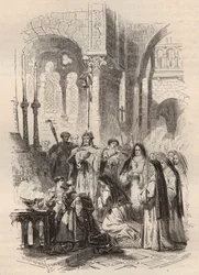 Luxemburgilaisen Saint Cunegonden (n. 975-1033/1039) purjehdus vuonna 1024, luovuttaman Paderborn Meinwerkin (n. 975-1036) eveque Kaufungenin benediktiiniluostarissa Saksassa. Kaiverrus vuodelta 1868 kirjassa "Histoire de Belgique alkeellisista ajoista