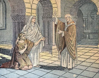 Pyhä Augustinus Hippolainen (354-430) ja hänen äitinsä Pyhä Monika Milanossa, 387 (Pyhä Augustinus Hippolainen ja hänen äitinsä Pyhä Monika Milanon Pyhän Ambrosiuksen edessä, 387). Kuvitus kirjasta "Le pelerin" 1933 Yksityiskokoelma.