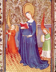 Pyhä Cecile kahden enkelimuusikon ympäröimänä Miniatyyri otettu "Portugalilaisen Edward I:n (Duarten) tunteista (1391-1438)" 1400-luvun Lissabon, Torre do Tombo