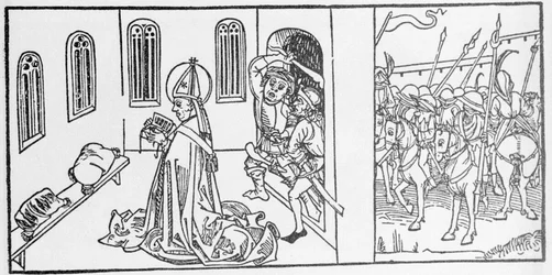 Pyhä Lambert. Kaiverrus Jacobuksen (James) Voraginen (1228-1298) teoksesta "Pyhien elämä - kesäosa" (Pyhän kirja). Lyypekki 1488.