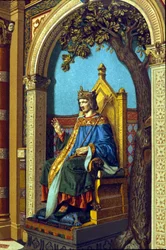 Saint Louis tai Louis IX (1214 - 1270) tekee oikeutta. Kromolitografia.