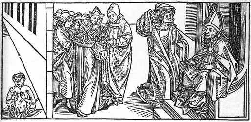 Pyhä Severin. Kaiverrus Jacobuksen (James) Voraginen (1228-1298) teoksesta "Pyhien elämä - kesäosa" (Pyhän kirja). Lyypekki 1488.