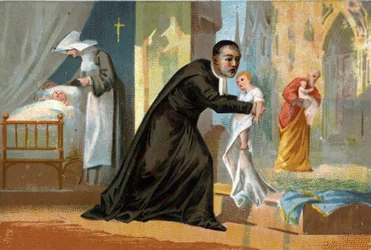 Saint Vincent de Paul (1576-1660), tunnettu hyväntekeväisyydestään, lastensairaalan luoja. 1800-luvun kromolitografia.