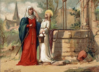 Sainte Genevieve (422-502), Pariisin suojeluspyhimys, antaa näön merelleen. Kromolitografia noin 1890.