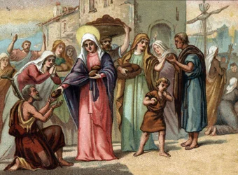 Sainte Genevieve (422-502), nälänhädän Pariisin suojeluspyhimys. Kromolitografia noin 1890.
