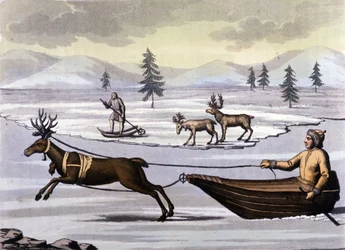 Saamelaiset: pohjoisten maiden (Norja, Suomi, Ruotsi ja Venäjä) mailla asuvat alkuperäiskansat liikkuvat porokellalla tai suksilla. Kaiverrus 1800-luvulta