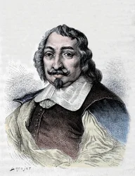 Samuel de Champlain, ranskalainen tutkimusmatkailija ja kolonisaattori (1567-1635). Kanadan kolonisoija. Kaiverrus vuodelta 1830 Moncornetin vakavan muotokuvan jälkeen.