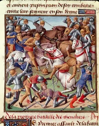 Scene de bataille Miniatyyri teoksessa "Le miroir historial" (Speculum Historiale) (ms. 1196 fol. 408 r.), kirjoittanut Vincent de Beauvais (1190-1264), jonka on kääntänyt ranskaksi Jean de Vignay