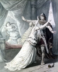 Kohtaus "" Cola Rienzi, viimeinen tribunista"" (Rienzi, der Letzte der Tribunen), Richard Wagnerin ooppera, joka edustaa sankarit Rienziä Irenen kanssa Capitol Palacessa. 1842. Kaiverrus.