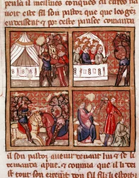 Kohtaus kahden vihollisleirin välisestä yhteenotosta, teloitus oikeassa alakulmassa. Sivu 1300-luvun käsikirjoituksesta Biblioteca Marciana Venice