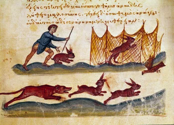 Metsästysjäniskohtaus Caracallalle omistetun Syyrian Oppianin (Oppian tai Oppianus) metsästysammatista ""The Cynegetics"" otettu pienoiskuva. 1000-luvun Venetsia. Biblioteca Marciana