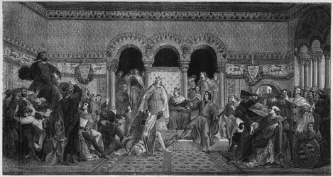 Kohtaus Unkarin pyhän Elizabethin (1207-1231) elämästä. Kaiverrus vuodelta 1878 Maurice de Schwindaun seinämaalauksesta, Wartbourgin linnan runoilijahuone.