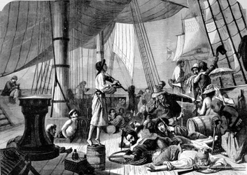 Kohtaus merirosvolaivan kannella. 1800-luvun kaiverrus.