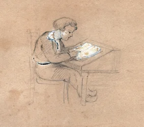 Koulupoika töissä. (piirustus, noin 1830)